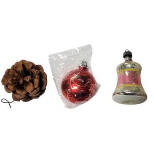 🎅3pc Ornament Lot Pinecone Red Ball+Vintage Bell Retro Christmas Tree Decor Set